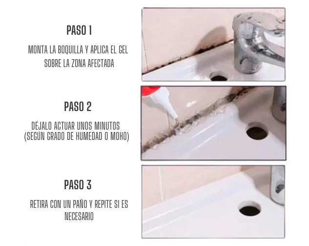 Gel Limpiador Antimoho pasos 1, 2 y 3: aplicar, dejar actuar y limpiar con paño